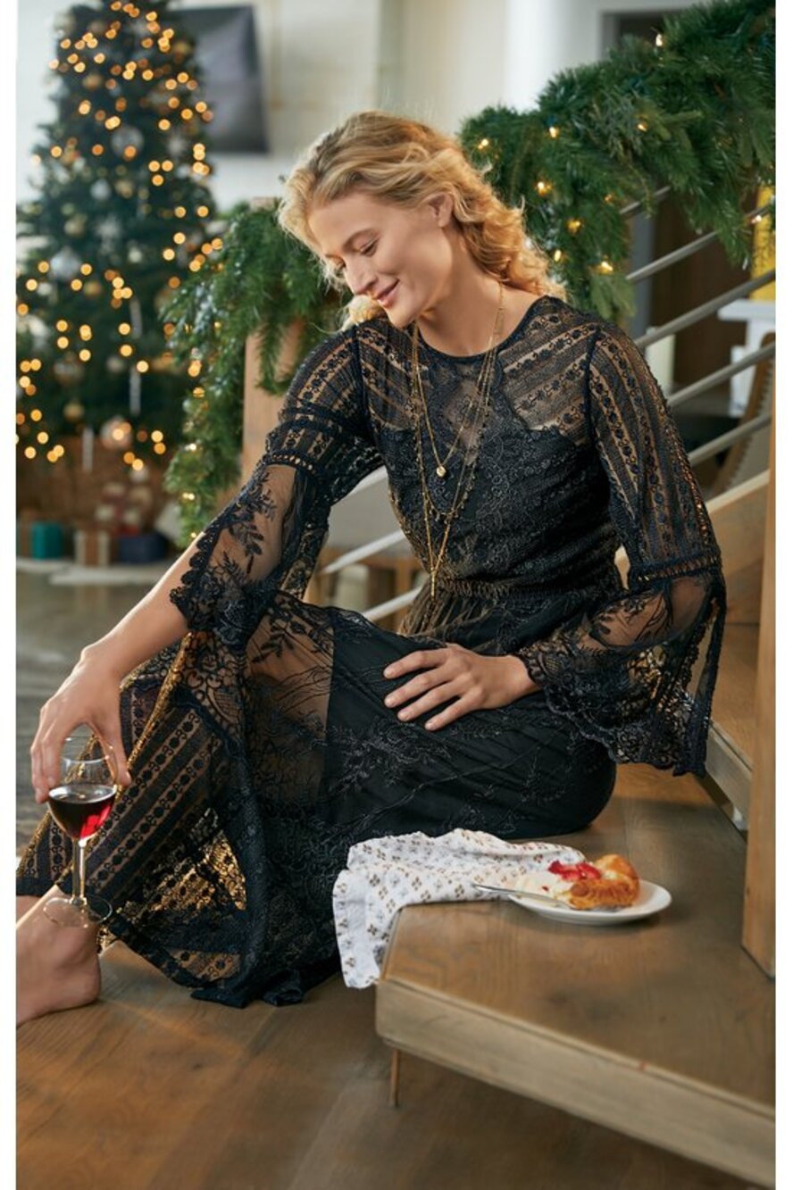 Soft Surroundings Yasmin Lace Dress NWT Black Whimsigoth Gothic Embroidered Boho